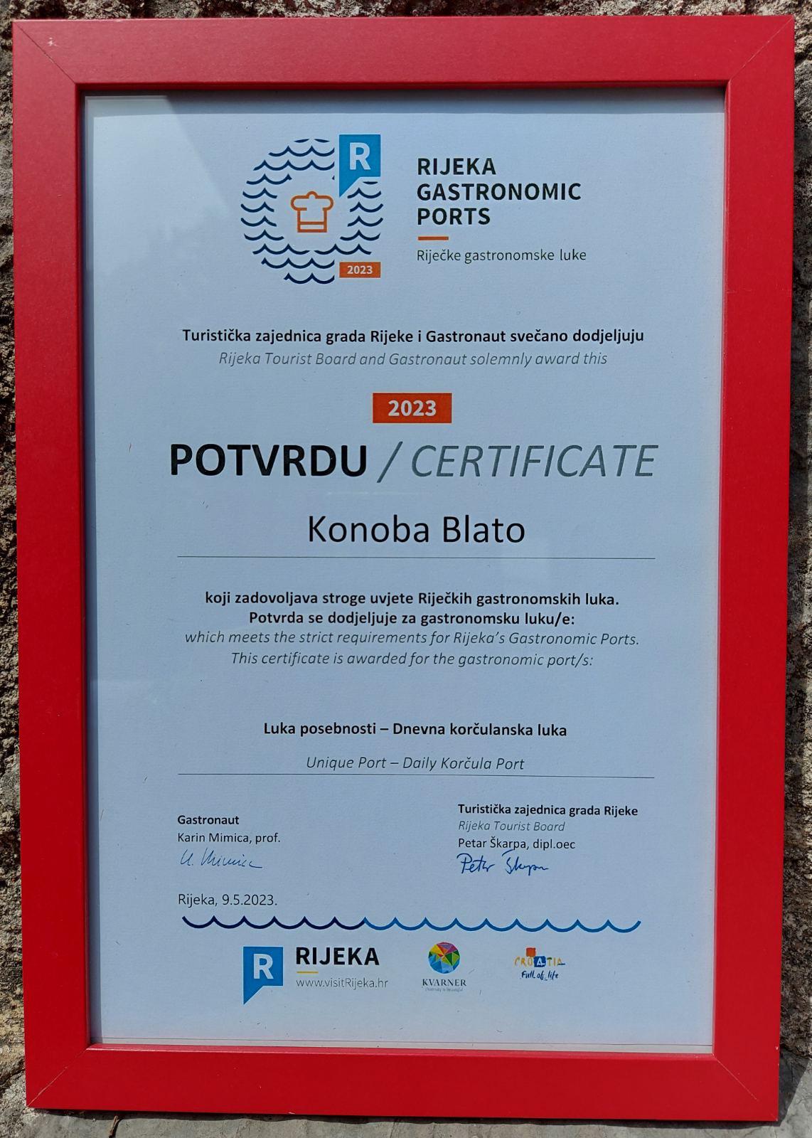 Konoba Blato 1902_Rijeka_Certifikat